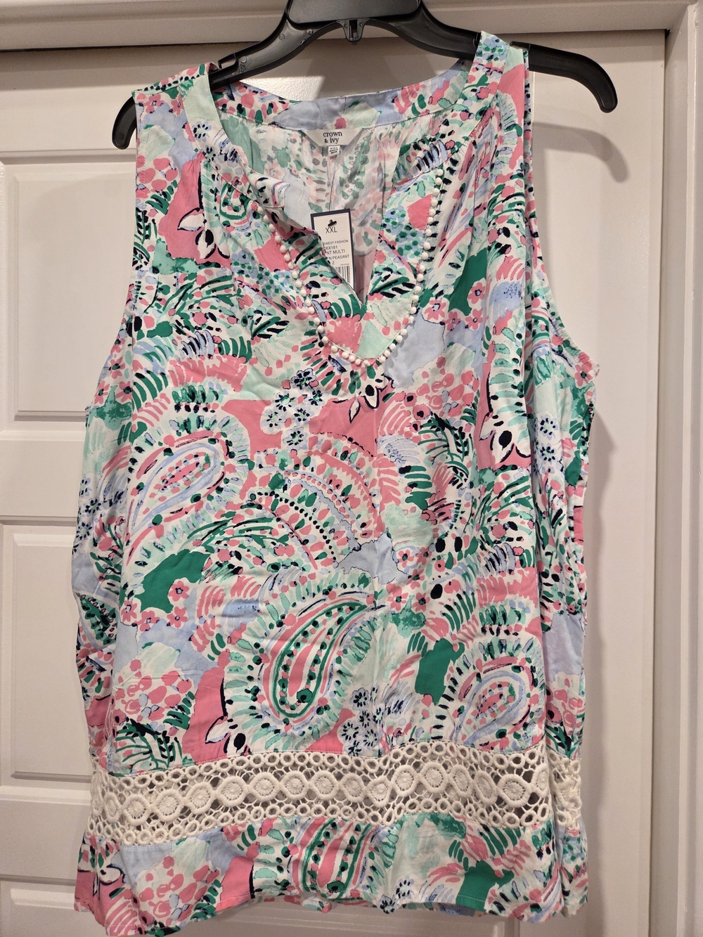 crown & ivy Pink Green Blue Paisley Sleeveless Tank with Lace Trim